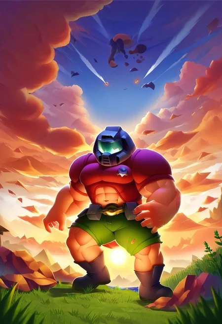 ,score_9, score_8_up, score_7_up,<lora:brawl_style_1_2_R:0.8>, 1boy, brawl, SFW, bodybuilding, massive pectoral, beefy muscle, thick legs, large pectoral, black man, brawl, doomguy, armor, helmet, bald, Miltary Base Scenery, Cartoon, Brawl Stars, Tall,