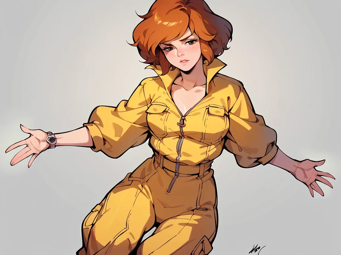 score_9, score_8_up, score_7_up, score_6_up, score_5_up, <lora:AprilONeilXLP:1> april o'neil, 1girl, solo, orange hair, short hair, jumpsuit