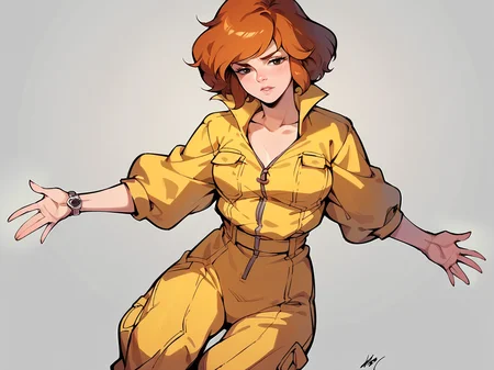 score_9, score_8_up, score_7_up, score_6_up, score_5_up, <lora:AprilONeilXLP:1> april o'neil, 1girl, solo, orange hair, short hair, jumpsuit