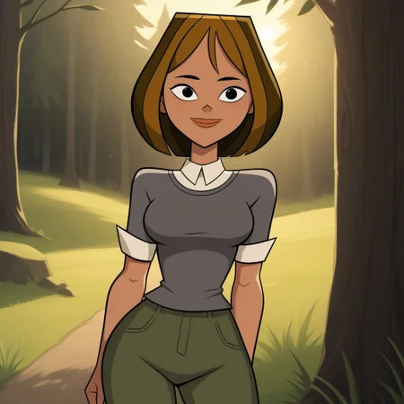 score_9, score_8, BREAK, solo, brown hair, black eyes, lips, collared shirt, grey sweater, short sleeves, green pants, dark skin, freckles, breasts, Total Drama, Courtney_(Total_Drama), sexy pose, smile, outdoors, sunlight, shadows, evening lighting, natural lighting, forest, trees, grass, orange sky, sunset