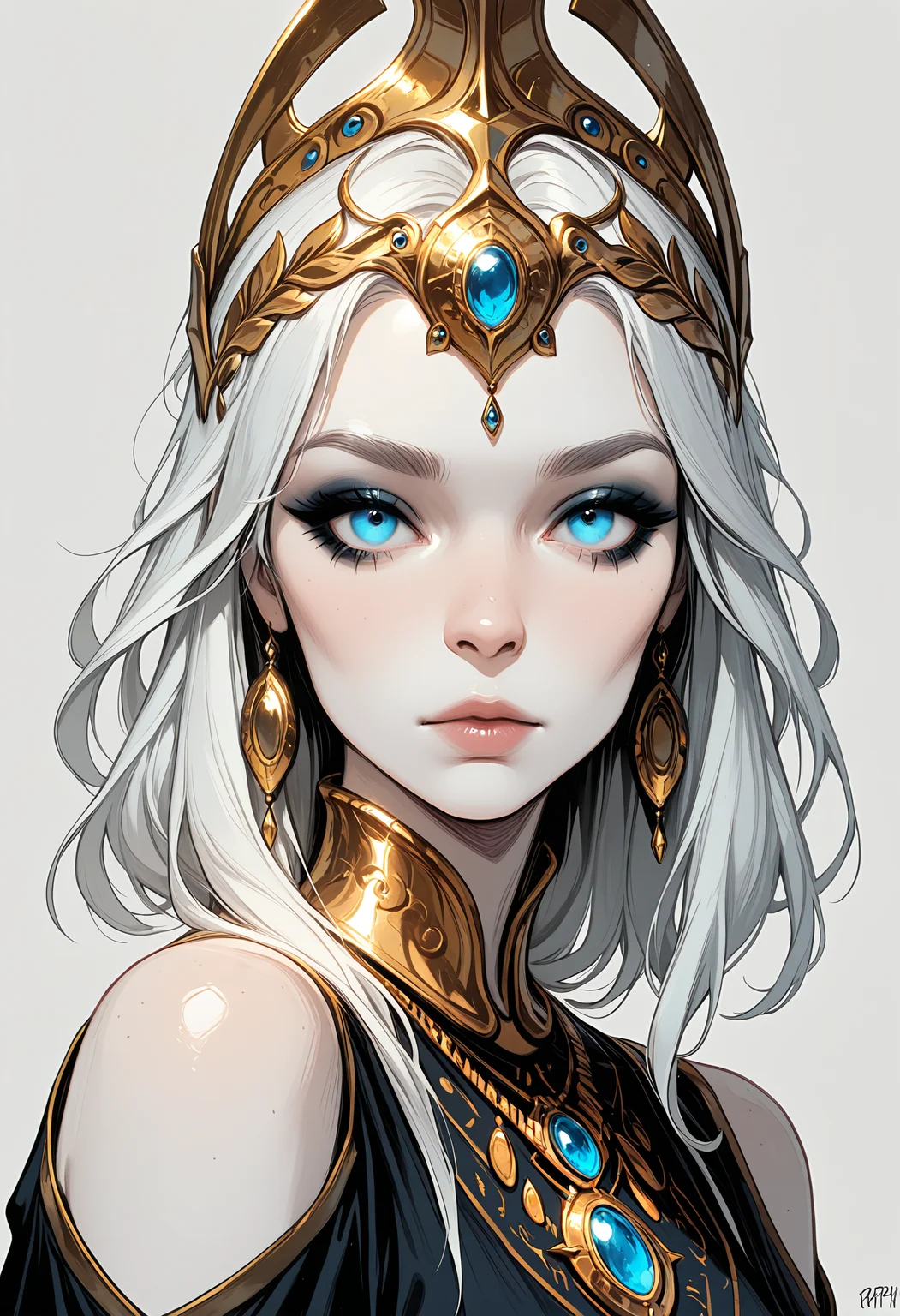 masterpiece, best quality, good quality, very awa, very aesthetic, absurdres, newest, 1girl, solo, long_hair, looking_at_viewer, blue_eyes, simple_background, dress, closed_mouth, jewelry, bare_shoulders, upper_body, white_hair, earrings, medium_hair, grey_background, necklace, black_dress, eyelashes, lips, makeup, portrait, crown, tiara, gem, pale_skin, eyeshadow, gold_trim, freckles, pink_lips, nose, headpiece, eyeliner, shoulder_cutout, blue_gemstone, gold, mascara, diadem, blue_eyeshadow, ink drawing, opill, gr4ph1t3,