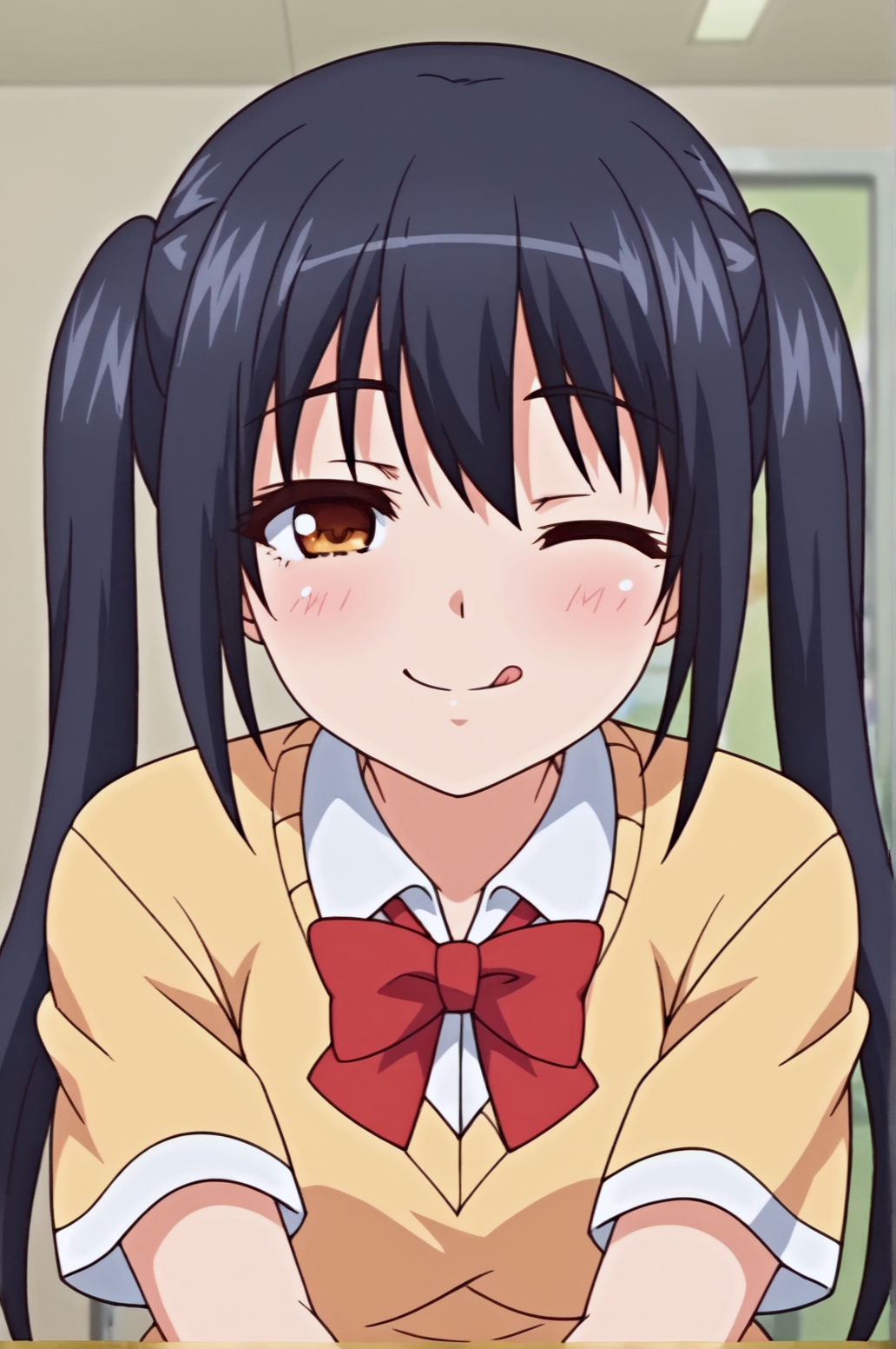 score_9, score_8_up, score_7_up,anime_source, source_anime, best background, detailed background, anime screencap,  Yui, solo, blush, school uniform, seductive smile,  tongue out, happy, one eye closed,  indoors,  <lora:JN_Yui_Nakaizumi:0.8>