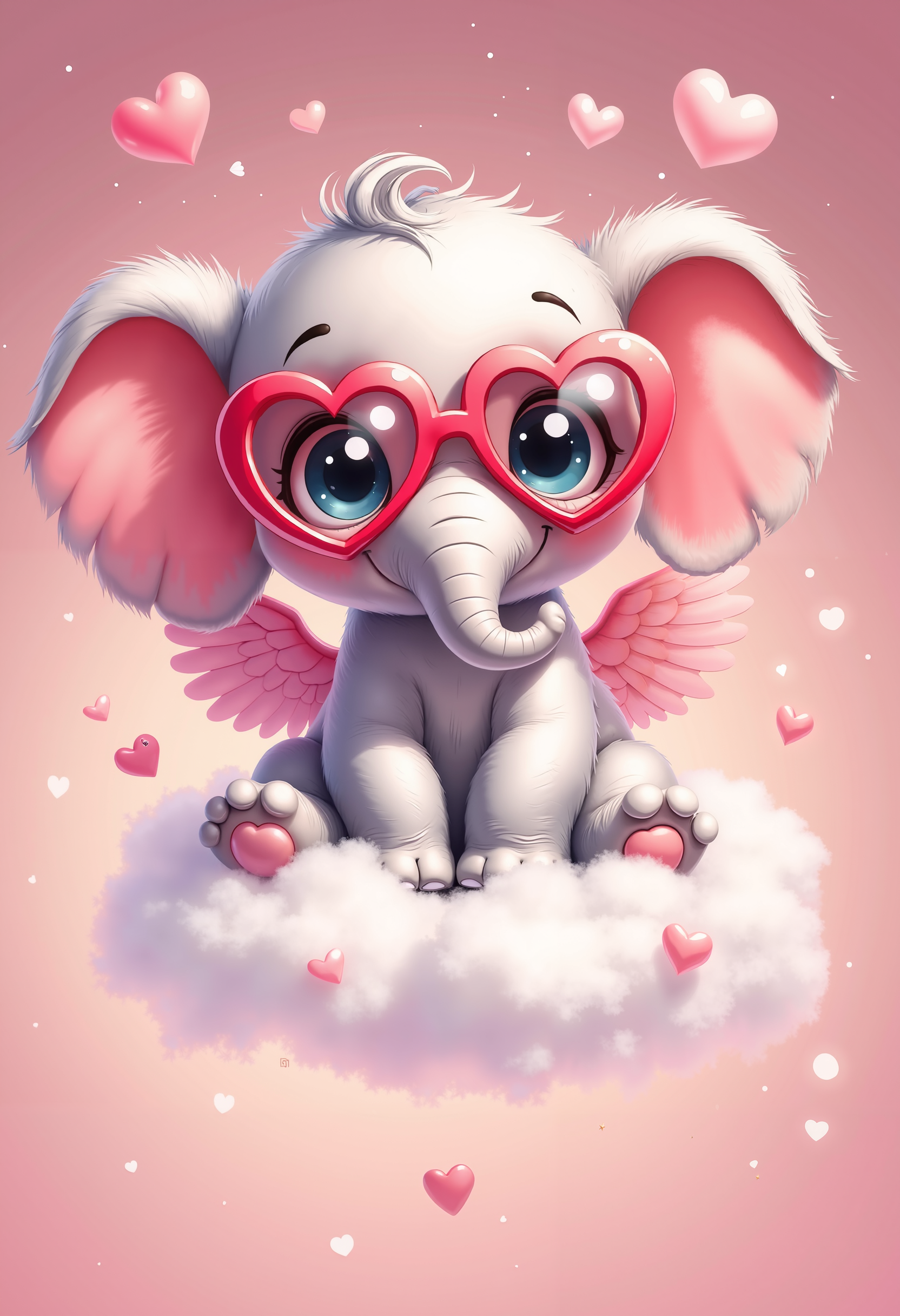 bo-romance, a digital illustration in a whimsical, romantic style, it features a small, anthropomorphic baby elephant with a cute, innocent expression, the baby elephant is seated on a fluffy, white cloud, with its trunk curled around its face, it has large, expressive blue eyes and a pair of heart-shaped, red sunglasses that cover its eyes, giving it a playful and whimsical appearance, the elephant's body is light grey with a smooth texture, and its ears are small and pink, its wings are large and delicate, with a soft pink hue, the background is a gradient of soft pink hues, creating a dreamy and romantic atmosphere, small, pink hearts float around the baby, adding to the romantic and playful nature of the image, the overall color palette is dominated by soft pastels and vibrant reds, enhancing the whimsical and dreamlike quality of the illustration, the illustration is highly detailed, with smooth textures and a glossy finish, making it appear almost three-dimensional, the image exudes a sense of innocence and wonder, making the viewer feel like a little angelic creature<lora:boFLUX Romance Abyss.safetensors:1.0:1.0>
