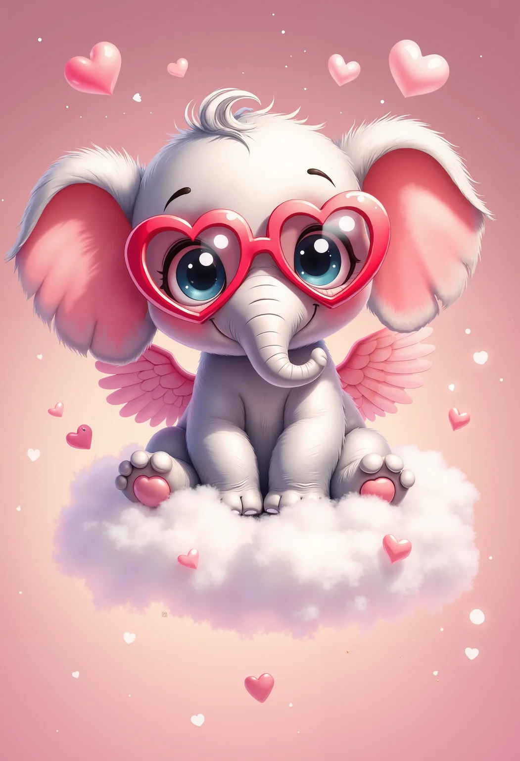 bo-romance, a digital illustration in a whimsical, romantic style, it features a small, anthropomorphic baby elephant with a cute, innocent expression, the baby elephant is seated on a fluffy, white cloud, with its trunk curled around its face, it has large, expressive blue eyes and a pair of heart-shaped, red sunglasses that cover its eyes, giving it a playful and whimsical appearance, the elephant's body is light grey with a smooth texture, and its ears are small and pink, its wings are large and delicate, with a soft pink hue, the background is a gradient of soft pink hues, creating a dreamy and romantic atmosphere, small, pink hearts float around the baby, adding to the romantic and playful nature of the image, the overall color palette is dominated by soft pastels and vibrant reds, enhancing the whimsical and dreamlike quality of the illustration, the illustration is highly detailed, with smooth textures and a glossy finish, making it appear almost three-dimensional, the image exudes a sense of innocence and wonder, making the viewer feel like a little angelic creature<lora:boFLUX Romance Abyss.safetensors:1.0:1.0>