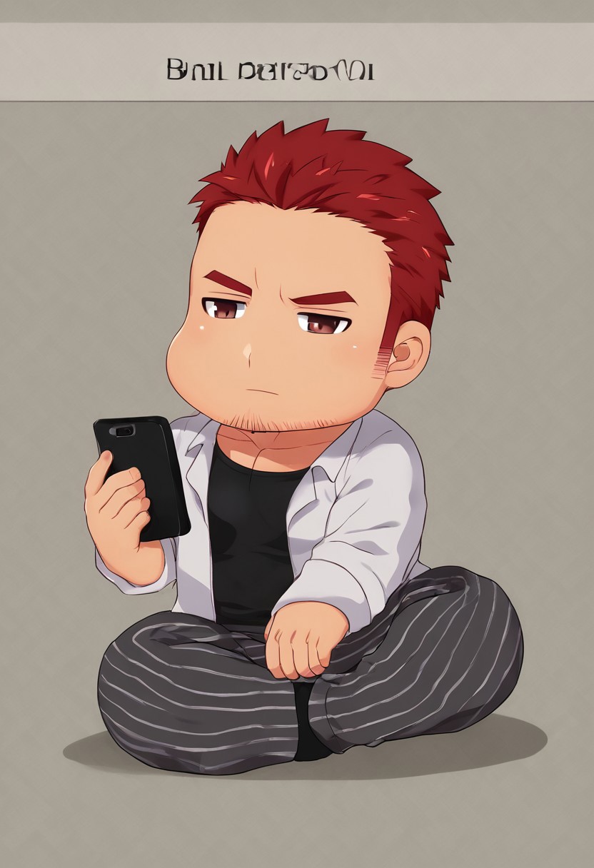 cccch, solo, 1boy, sitting, red hair, striped, pants, chibi, facial hair, phone, cellphone, stubble, striped pants, male focus, text, background, bodybuilder, bara