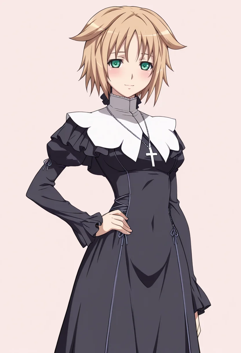 masterpiece, best quality,
1girl, solo, cowboy shot,
standing, hand on own hips,
looking at viewer, blush, light smile,
<lora:Teresa_Beria:1> T3r3s4B3r14, green eyes, short hair,
nun, habit, necklace, cross, long sleeves,
pink background, simple background,