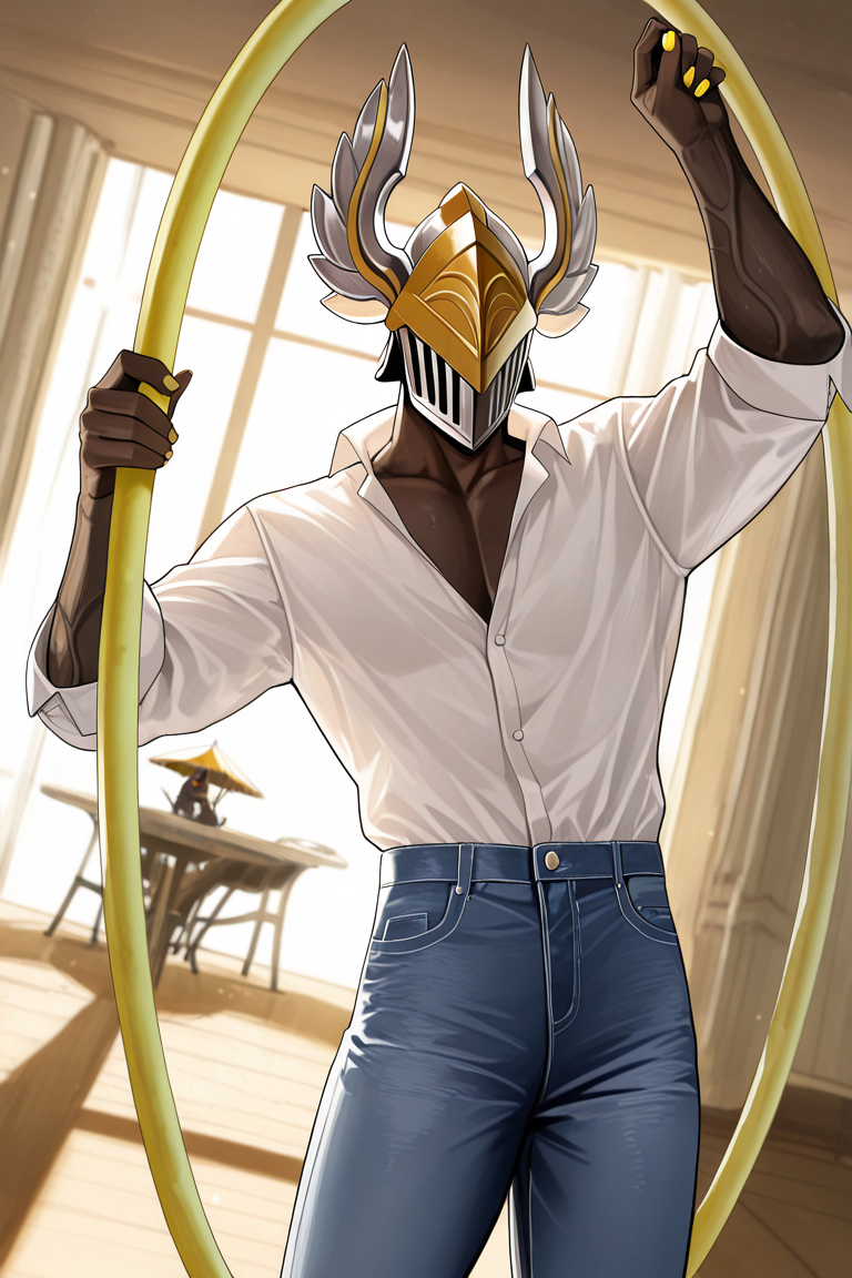 realistic shading, natural lighting, helmetted black-skinned male focus, argusld, grey-yellow_argusld_winged helmet, 1helmetted male, pokemon (creature), covered eyes, swinging hips, dancing, hula hoop, yellow fingernails, arm veins, casual cosplay, dress shirt, jeans, glowing, shadow, day indoors circus tent, foreshortening, dutch angle, dynamic angle, dynamic action, intricately detailed illustration, cinematic, depth of field, atmospheric perspective, masterpiece, best quality, amazing quality, very aesthetic, absurdres, newest