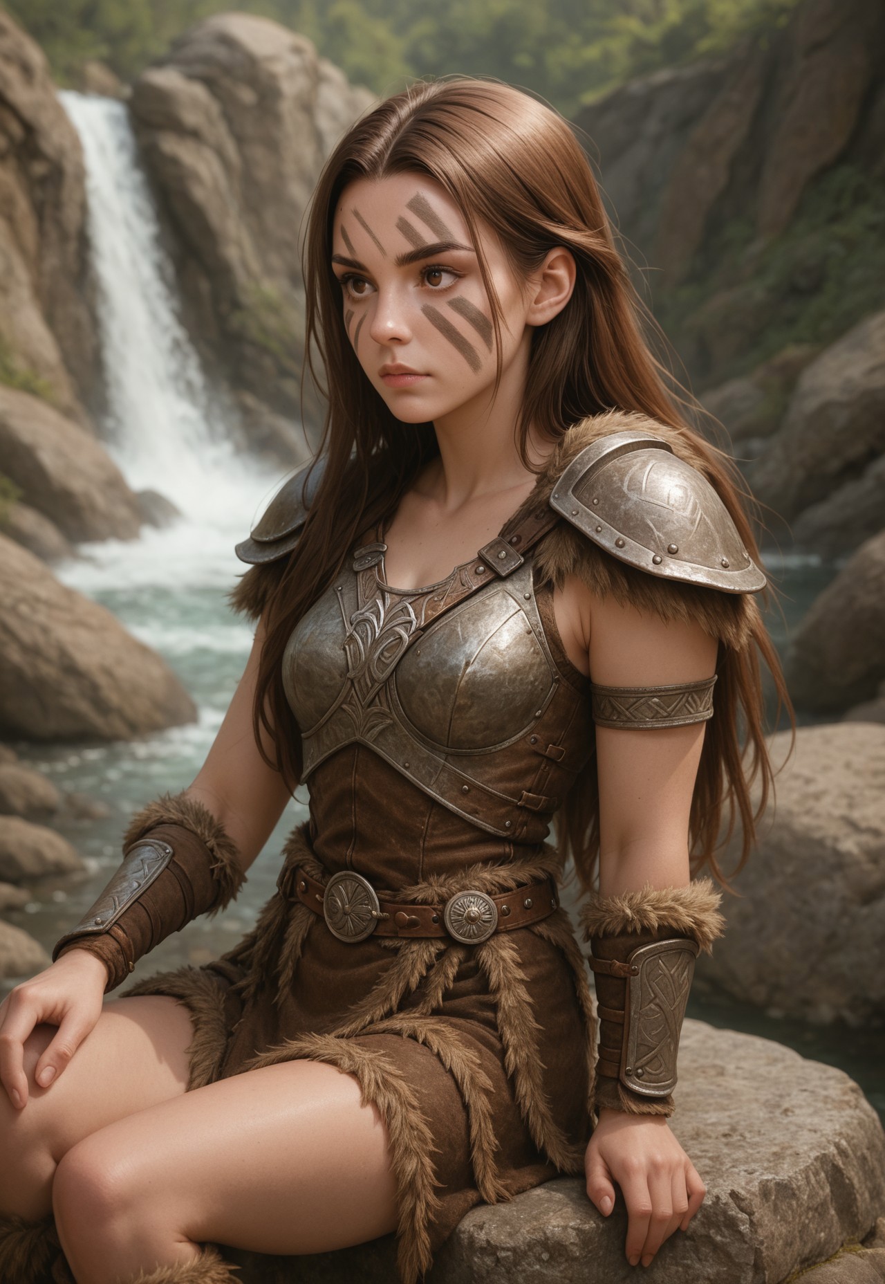 (((score_9, score_8_up, score_7_up, Beautiful, pretty )))
, 
((( Masterpiece )))
,
((( Sitting on the rock)))
,
((( 1girl, solo )))
,
((( Aelamb2, brown hair, long hair, brown eyes, facepaint, facial mark, Armor, fur trim, breasts, belt,)))
,
((( ))) 
,
((( )))
,
((( )))