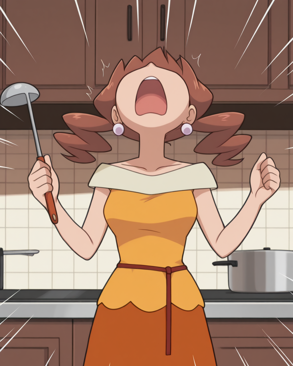 masterpiece, best quality, amazing quality, 1girl, <lora:Caroline_Pokémon:1>, carolinepok, brown hair, twintails, ball earrings, caroldress, yellow dress, collarbone, string belt, orange skirt, medium skirt, frown, open mouth, head back, spread arms, hands up, clenched hands, ladle, holding ladle, kitchen, emphasis lines