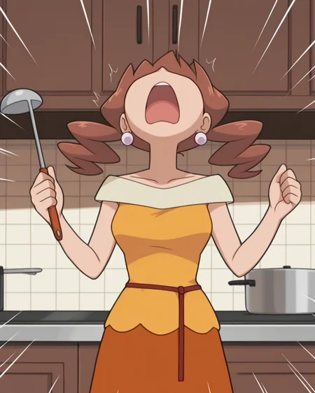 masterpiece, best quality, amazing quality, 1girl, <lora:Caroline_Pokémon:1>, carolinepok, brown hair, twintails, ball earrings, caroldress, yellow dress, collarbone, string belt, orange skirt, medium skirt, frown, open mouth, head back, spread arms, hands up, clenched hands, ladle, holding ladle, kitchen, emphasis lines