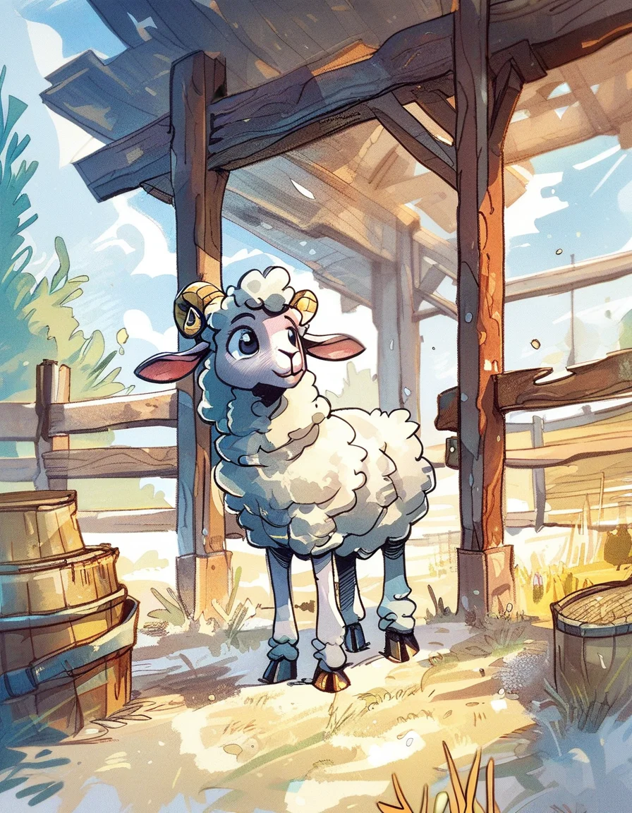ncpy43 style sheep on a farm <lora:ncpy43 style:1>, score_9, score_8_up, score_7_up, score_6_up, score_5_up, score_4_up