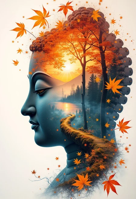 Buddha fantasy, double exposure, on the face delicate, transparent, fractal arabesque of maple leaves, autumn forest, lake, mountains, clouds, sunset, wings, bird, eagle, paisley, thin outline drawing with neon, beautiful, colorful, detailmaximizer