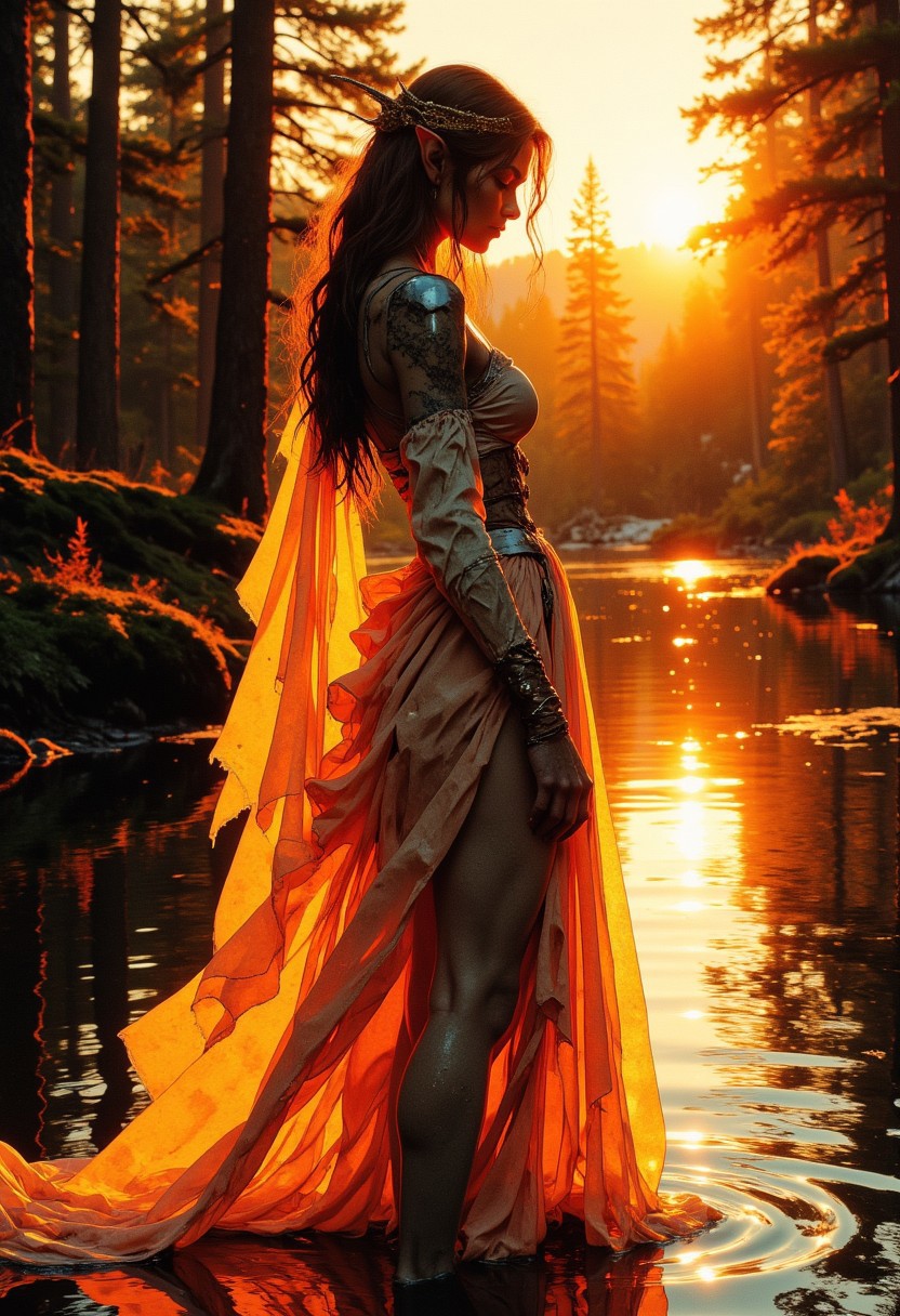 CAICO, Silhouette Art, breathtaking detailed, masterpiece, awe-inspiring, radiant, magnificent. (all dark hues and fine vibrant orange glowing smoldering accent and shiny silver color scheme:1.02). glossy. stunning elven princess wearing a filmy, gauzy transparent white gown, standing up to her knees in a forest lake, sunset, silhouetted