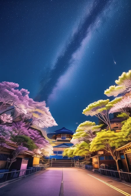 masterpiece, best quality, (neon-pastel:1.2), starry sky in the woods
