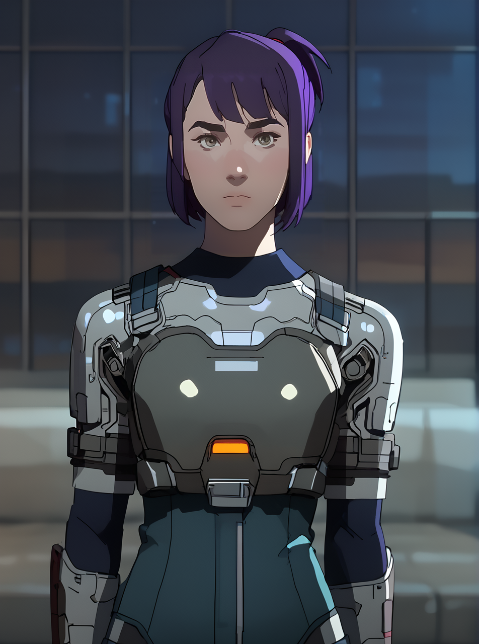 score_9, score_8_up, score_7_up, <lora:maddiekpxl:1>, maddiekpxl, 1girl, short ponytail, wearing cyber armor, tron,cartoon, western animation, looking at viewer, flat colors, outline, purple hair, grid world, bangs,