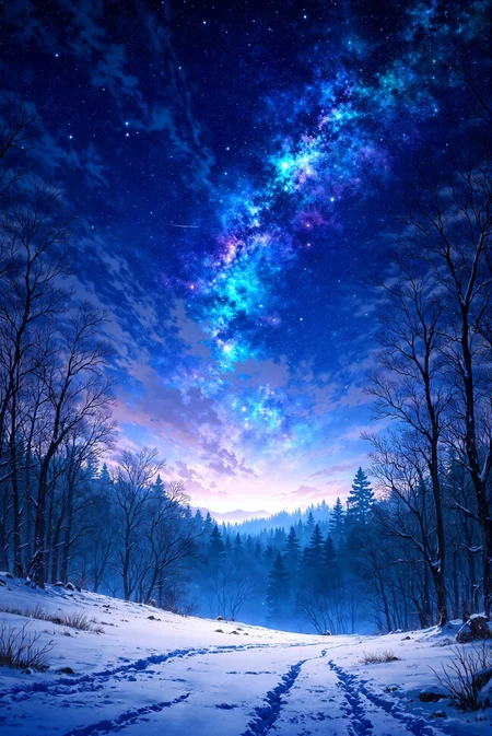 <lora:Vibrantly_sharp_style_v.2:0.9> Vibrantlysharp style.  A vast winter forest stretches beneath an endless night sky, where countless stars shimmer like scattered diamonds across the cosmos. Wisps of galactic clouds drift through the heavens, their deep indigo and silvery hues blending seamlessly, illuminated by the soft glow of distant celestial bodies. Shooting stars streak across the sky, leaving ephemeral trails of radiant white light. Below, the snow-covered landscape glows faintly under the celestial brilliance, reflecting the stars above like a frozen mirror. Bare skeletal trees frame the foreground, their dark silhouettes adding contrast against the illuminated expanse. In the distance, a misty glow emanates from the horizon, hinting at an unseen presence beyond the forestâs reach. The soft footprints of nocturnal creatures disappear into the frost-covered ground, and a gentle breeze carries the faint whisper of rustling branches. The scene embodies a tranquil yet mysterious atmosphere, blending hyperrealistic textures with an anime-style ethereal quality, evoking a dreamlike serenity in a world untouched by time.