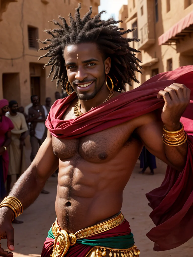 Disney, animation, expressive eyes, perfect face, fantasy, magic, a handsome man, dark skin, bellydancer, gold bangles, Arabian clothes, red and gold clothes, exaggerated black hair, smirk, happy, looking at viewer, depth of field, dancing, sense of movement, hairy chest, windy, blowing wind, detailed hands, upper body focus, portrait, cinematic, dynamic lighting, outdoors, crowded street, celebration, happy, clear sky, rustic desert village