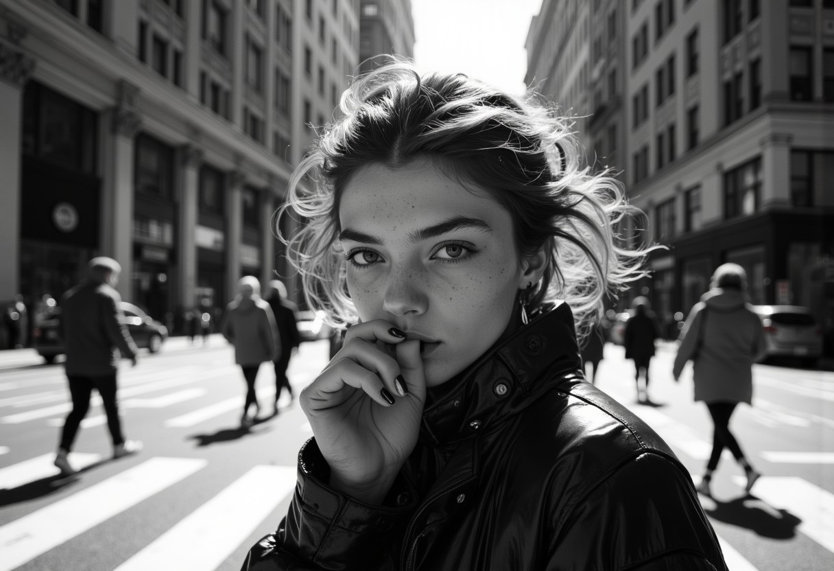 photograph, likely taken in a bustling urban setting, employs a high-contrast, gritty aesthetic that evokes a sense of urban realism. The composition centers on a young woman with tousled hair, who gazes intently off-camera, her expression a mix of contemplation and defiance. Her hand, with black-painted nails, is raised near her mouth, adding a dynamic element to the otherwise still image.
The photograph's high contrast is achieved through the interplay of light and shadow, creating a stark, almost noir-like atmosphere. The lighting appears to be natural, likely from the sun, which casts sharp shadows and highlights the textures in the woman's hair and the shiny surface of her jacket. The use of shadows enhances the photograph's dramatic and timeless quality, reminiscent of works from the mid-20th century.
The camera angle is slightly low and close, emphasizing the woman's face and hand, and creating a sense of intimacy and immediacy. The background, a busy city street with crosswalks and pedestrians, adds depth and context, suggesting themes of urban life and individuality. This piece could be associated with the street photography movement, characterized by its candid and unembellished capture of everyday life.