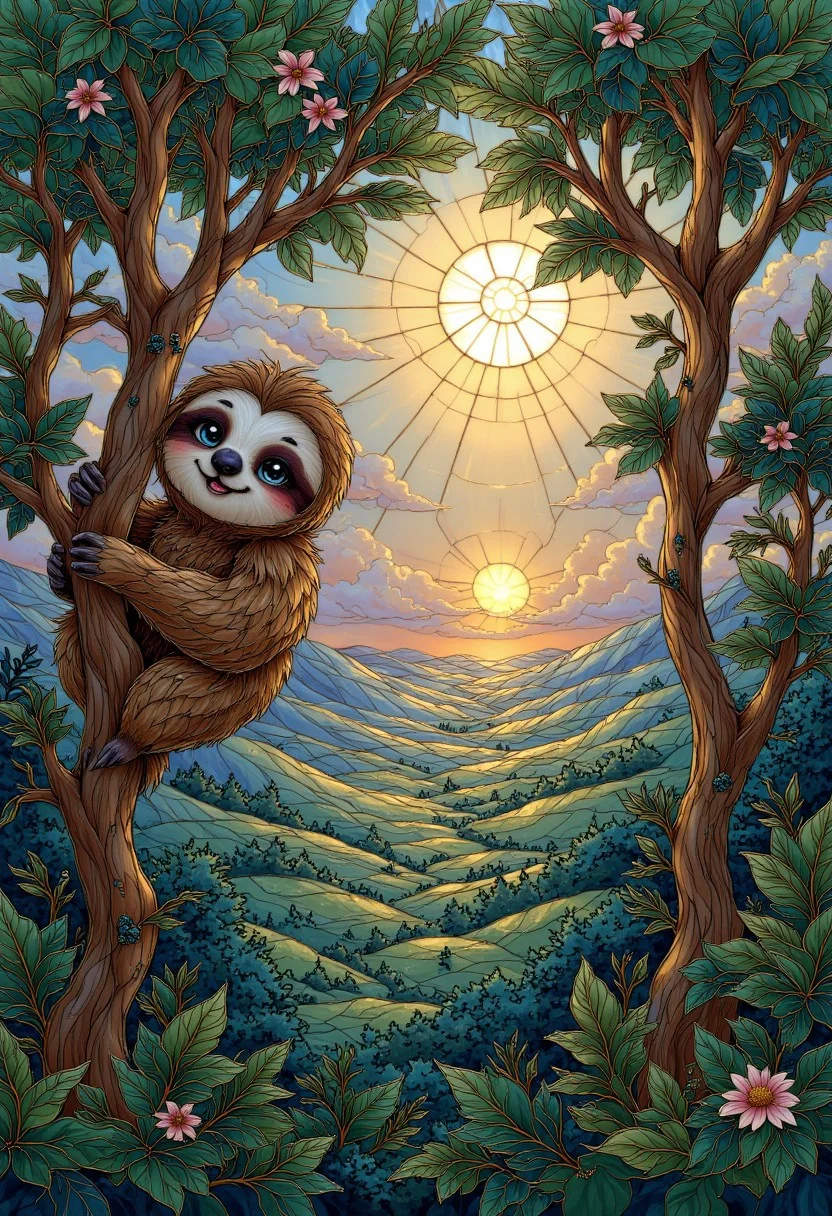 p1nk1est41n3dgl4ss, stained glass, a close-up fo a sloth handing onto a branch of an extremely tall tree towering above a thick lush jungle with a setting sun in the background