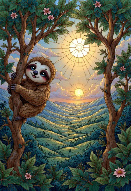 p1nk1est41n3dgl4ss, stained glass, a close-up fo a sloth handing onto a branch of an extremely tall tree towering above a thick lush jungle with a setting sun in the background