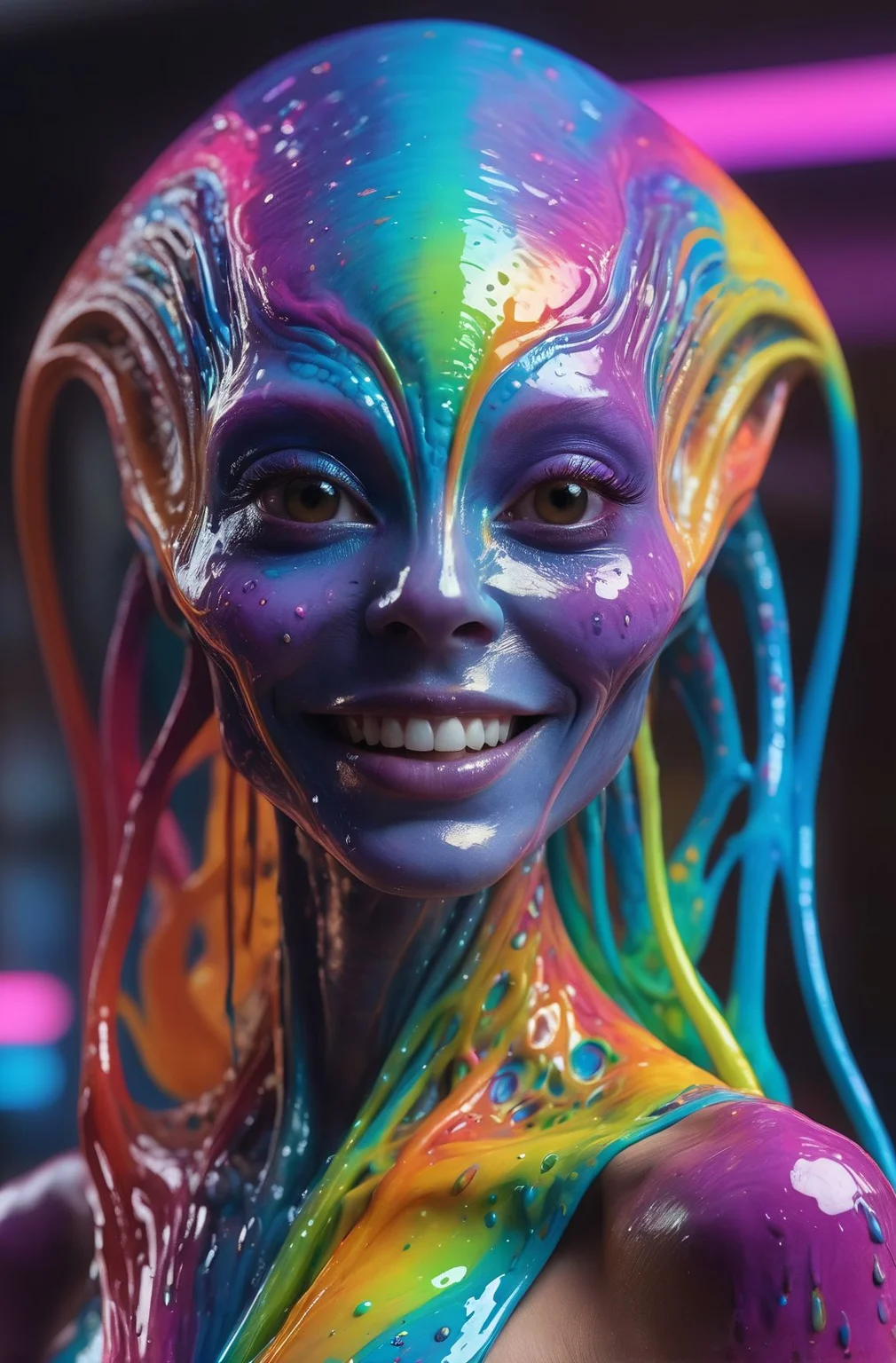 impossibly beautiful portrait of alien shapeshifter entity, insane smile, intricate complexity, surreal horror, inverted neon rainbow drip paint, trending on art station, photoreal, 8 k, octane render by greg rutkowski