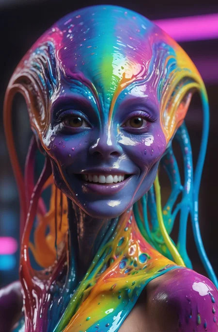 impossibly beautiful portrait of alien shapeshifter entity, insane smile, intricate complexity, surreal horror, inverted neon rainbow drip paint, trending on art station, photoreal, 8 k, octane render by greg rutkowski