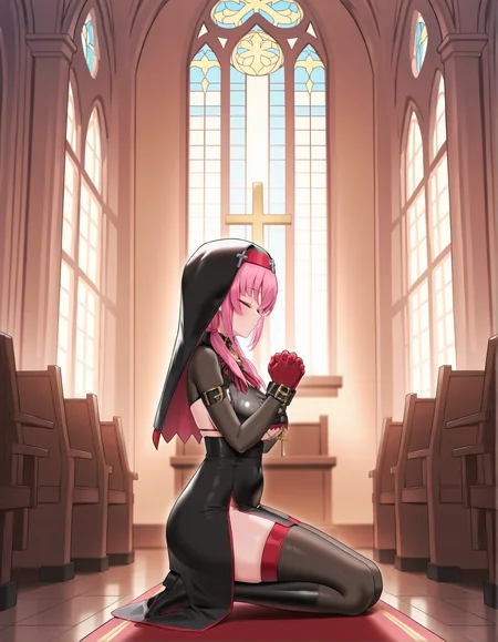 masterpiece, perfect quality, best quality, absolutely eye-catching, absurdres, highres, newest, indoors, church, <lora:angelicabellillustriousXL:1>, angelicabell, 1girl, from side, kneeling, praying, closed eyes,