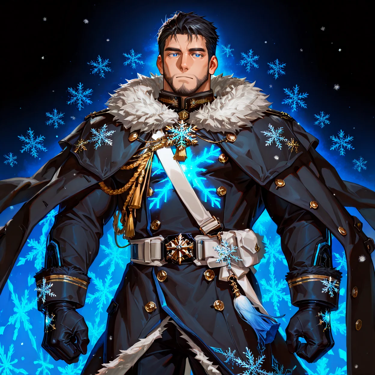 <lora:Edwin__Alchemist_Code-000004:.7>, tagatameedwin, 1boy, black hair, dark blue eyes, short hair, solo, male focus, manly, bara, mature male, muscle body, fur trim, snowflakes pin, coat, aiguillette, shirt, sash, gloves, glowing pattern, tassel, pants, boots,
cowboy shot,
(very short hair, beard, bara, mature, facial hair, stubble, beard, full beard, sideburn, beard, a lot of beard, ), facial hair,male focus, muscular male, muscular male, bara, mature, bara, mature, aixiwuganda_(20222192), very awa, masterpiece, best quality, absurdres, newest, perfect quality, detailed background, intricate details,
<lora:slider_Body Type_alpha1.0_rank4_noxattn_last:3><lora:Anime Summer Days 2 Style SDXL_LoRA_Pony Diffusion V6 XL:.6><lora:slider_cfg_scale_boost:.7><lora:Artist6p:.55>, Artist6p, Artist04p,<lora:slider_il_brightness_slider_d1:-1><lora:slider_il_contrast_slider_d1:-1><lora:slider_DarkSlider1.2_alpha1.0_rank16_full_300steps:-.6><lora:slider_contract_controller_illus01_v1:.5>,