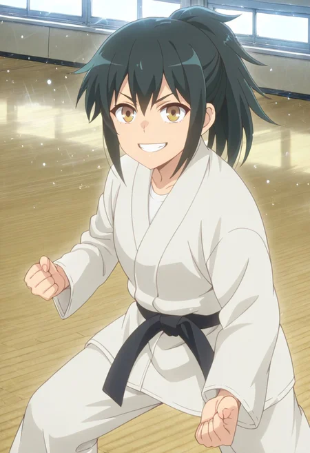 1girl, solo, masterpiece, best quality, newest, absurdres, CG, anime, source anime, illustration, nyalia
BREAK 1girl, solo, Orihara_LW, black hair, ponytail, brown eyes, sidelocks
dougi
dynamic pose, standing, posing, fighting stance, judo, ready to attack viewer, grin
indoors, japanese dojo, day
cinematic angle, alternate angles, alternate detailed background, beautiful background, (rays light:1.0),(grow:1.0), light particles