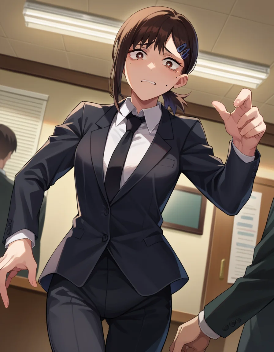 score_9, score_8_up, score_7_up, source_anime,
kobeni-higashiyama, <lora:kobeni-higashiyama-ponyxl-lora-nochekaiser:1>,
kobeni higashiyama, black hair, hair ornament, hairclip, mole, mole under eye, ponytail, short hair, brown eyes,
black necktie, black pants, business suit, formal, long sleeves, necktie, pants, suit,
indoors, office,
looking at viewer, cowboy shot, dutch angle, dynamic pose,