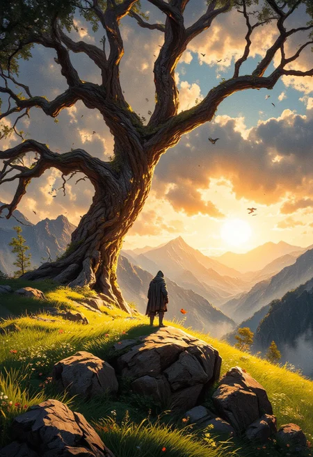 A mystical, epic fantasy landscape featuring a lone cloaked figure standing on a rocky hilltop, gazing at a massive, ancient tree with sprawling branches. The tree is illuminated by the golden glow of the setting sun, casting dramatic shadows and creating a warm, ethereal atmosphere. In the background, misty mountain ranges stretch into the horizon under a partly cloudy sky with soft beams of sunlight piercing through. The ground is covered in lush green grass, scattered with small flowers and fallen leaves dancing in the wind. Birds are flying around, adding to the sense of mystery and grandeur. High detail, cinematic lighting, epic fantasy aesthetic with a magical, serene vibe