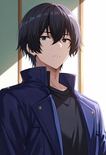 masterpiece, best quality, , ,, 1boy, solo, male focus, <lora:cid_kagenou_ilxl:0.92>, cid_kagenou, black hair, short hair, hair between eyes, bangs, black eyes, ,