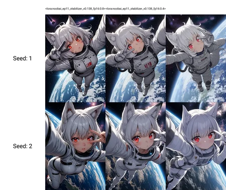 <lora:noobai_ep11_stabilizer_v0.138_fp16:0.8>1girl,fox ears,red eyes,white hair,dynamic pose,from above,v over eye,selfie,galaxy,spacesuit,earth \(planet\),in space,masterpiece,best quality,