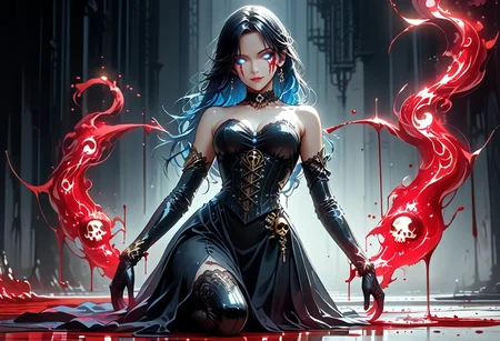 Core 9, Score 8, Score 7, Anime Origin, Intricate Details, Detailed Backgrounds, Masterpiece, High Quality, Perfect Hands, Highest Quality, Black Hair, Multicolored Hair, Blue Hair, Glowing Gold Eyes, Shadowed Gaze, Side Smile, Very Long Hair, Side Bangs, Straight Hair, Thigh Length Hair, Medium to Large Breasts, Narrow Waist, Perfect Face, Detailed Face, Jeweled Choker, Elbow Length Gloves, Wide Thighs, Black Stockings, Long Stockings, Dark Clothing, Black Clothing, Jewelry, Elegant Victorian Background, Elegant Background, In the Shadows, Loose Hair, Bare Shoulders, Corset, Cocktail Dress, Bodycon Dress, High Neckline, Masterpiece, High Quality, 1.5, <lora:Aanimate_Dead-magic_-ILXL:0.8> animate_dead, Skull Aura: 1.4, Lying Down, Full Body, Dutch Angle, Blood, Blood Drops, Glowing Eyes, Control (Element), Blomagmb, Blood Magic, Blood, Blood Stream, wolf Background, wolf blood, Lying Down, Facing Forward, NEGATIVE HANDS, Side View.