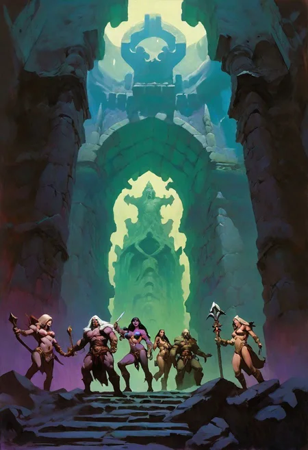 Fantasy painting, masterpiece by frank frazetta, androgynous, dungeon _party, group, muscular, fetish, fantasy masterpiece, a party of beautiful adventurers exploring an ancient dungeon, cyberpunk, vaporwave, arcane ruins