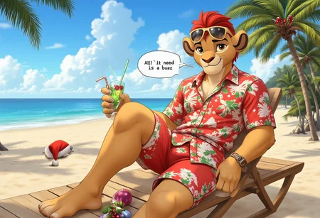Anime picture of handsome barefoot antropomorphic lion boy Kion dressed in a Christmas-decorated Hawaiian shirt and shorts, with sunglasses on his head. Kion is lying on a sun lounger on a sunny beach, sunbathing, and holding a Christmas cocktail in one hand. A text bubble that reads "All it needs is a buzz." There are palm trees nearby, decorated for Christmas.
aidmatextimprover