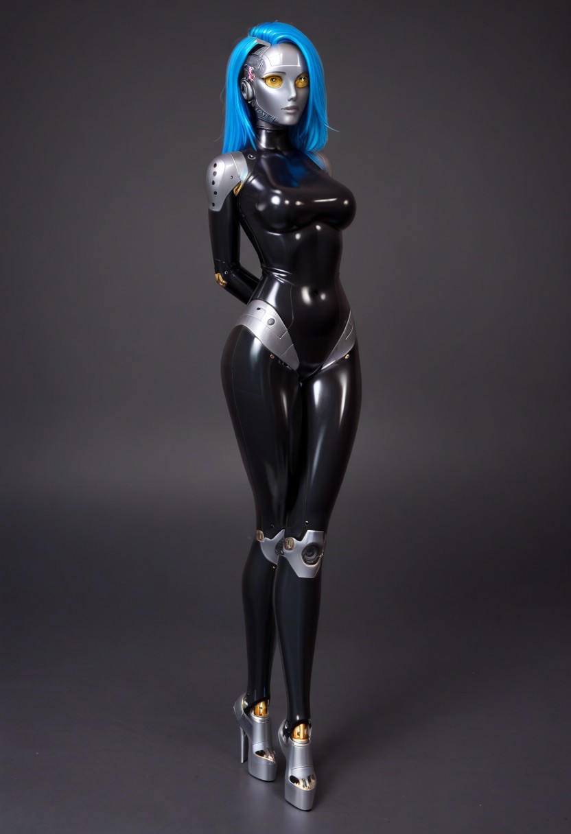 solo, A 35mm full length photo of  a beautiful 20 year old woman, she is a humanoid robot , robotic body, freckles, smooth featureless silver grey robotic skin, robotic aerials, metallic dark blue hair, elegant black latex bodysuit with white trim
TheFaceLess
