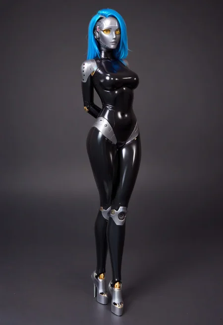 solo, A 35mm full length photo of a beautiful 20 year old woman, she is a humanoid robot , robotic body, freckles, smooth featureless silver grey robotic skin, robotic aerials, metallic dark blue hair, elegant black latex bodysuit with white trim
TheFaceLess