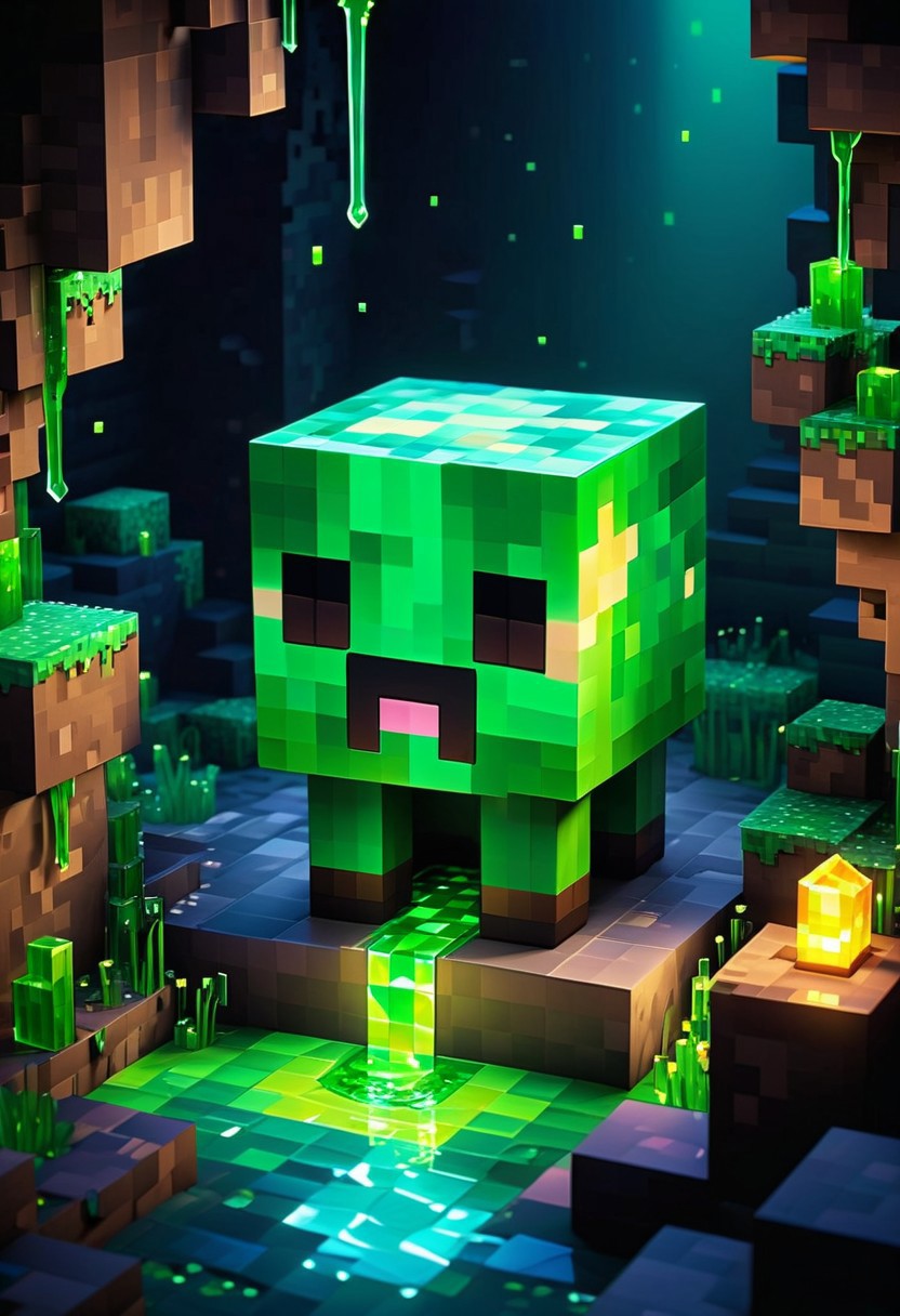 an adorable cute dungeon slime, chibi minecraft slime --uplight. (vibrant masterpiece, 32K, UHD, best resolution, perfect details, best quality, best details, best artist, sharp edges, detailed textures, full view, atmospheric lighting, visually stunning, perfect composition, trending on behance)