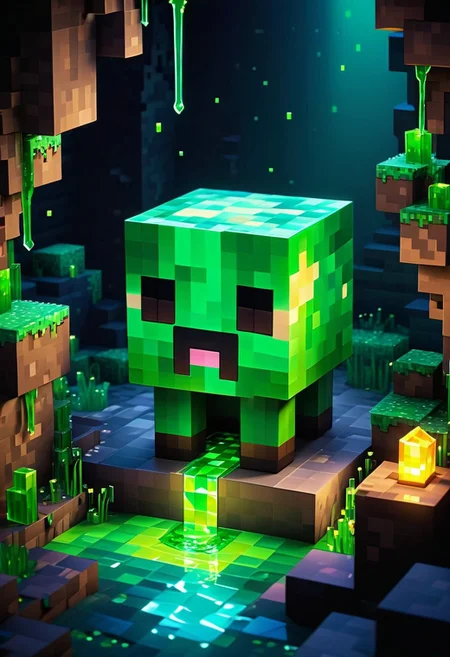 an adorable cute dungeon slime, chibi minecraft slime --uplight. (vibrant masterpiece, 32K, UHD, best resolution, perfect details, best quality, best details, best artist, sharp edges, detailed textures, full view, atmospheric lighting, visually stunning, perfect composition, trending on behance)