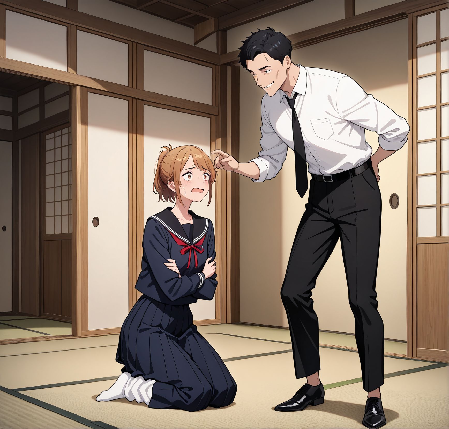 masterpiece,best quality,amazing quality,very aesthetic,absurdres,newest, huge filesize,
<lora:spo_sdxl_10ep_4k-data_lora_webui:0.5>,anime coloring, 
1girl, 1boy, hetero,  facing another,  nervous expression female  and  smug male, full body, 
old japan house, tatami, 
<lora:AKI_Lonely_Castle_in_the_Mirrorr:1>
BREAK
1girl, facing another,  nervous expression female  , full body, 
old japan house, tatami, 
yellow and brown hair,
short hair,tied hair,
black sailor uniform,navy blue outfit,
red ribbon,
white socks,
loose socks,
sitting pose female,
nervous expression,
crossed arms,
kneeling,
BREAK
1boy, hetero,  facing another,  smug male , full body, 
old japan house, tatami, 
ugly,obscene man,
1boy,Dark circles male,
short hair,
black hair,
formal attire,
black suit male ,
white shirt,
loosened tie,
serious expression male,
standing pose male,
broad shoulders,
mature appearance,