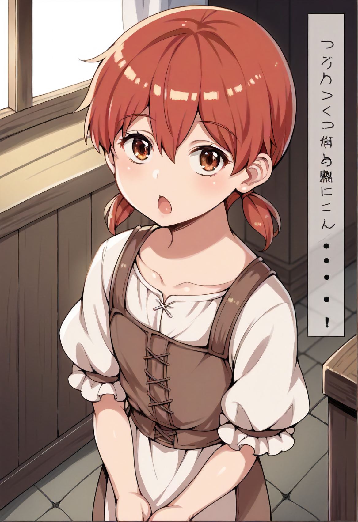 score_9, score_8_up, score_7_up, source_anime, 1girl, child, female child, solo, hair between eyes, red hair, short, slim, brown eyes, twin ponytails, manga style,
medieval dress, brown and white clothes,
open mouth, talking, standing, from above, looking at viewer,
indoors, living room,
<lora:Abubu_style_-_Pony:1.2>