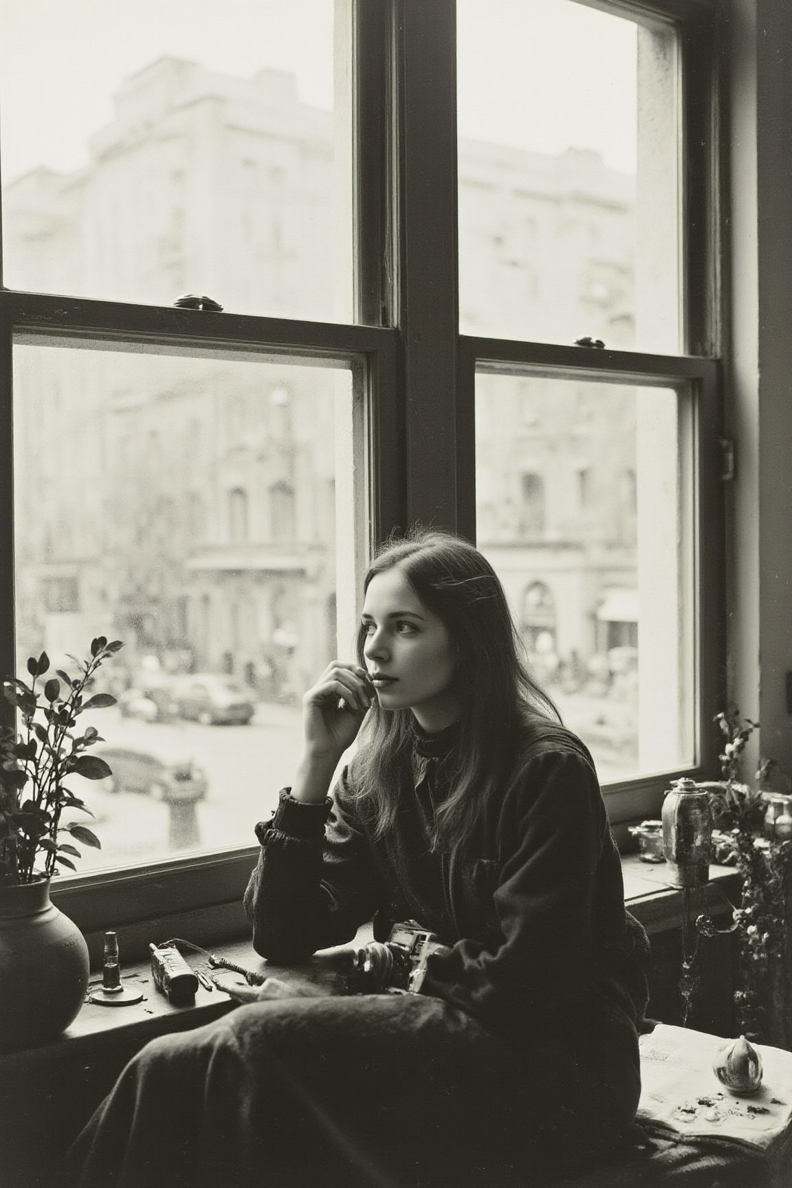 YFG-V1nt A captivating black-and-white photograph of a contemplative woman seated sideways on a table beside large, multi-pane windows, gently holding a vintage camera close to her face as she gazes thoughtfully outward, immersed in introspection. Soft natural light streams through the partially open windows, spilling into the room and casting delicate contrasts between illumination and shadow that accentuate the subtle contours of her figure and the texture of her clothing. The muted grayscale palette emphasizes tranquility and introspection, while the composition elegantly balances her off-center placement against the structured geometry of the window frames. Slightly blurred urban buildings visible outside hint at a bustling cityscape beyond, juxtaposing the serene indoor atmosphere with the dynamic world just out of reach. A small potted plant and casually arranged personal items scattered on the table and surrounding surfaces lend a relaxed, artistic authenticity to this intimate moment of quiet contemplation, evoking a gentle sense of creative solitude and thoughtful reflection, monochrome photography, contemplative portraiture, urban minimalism