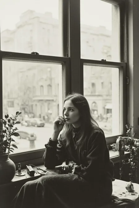 YFG-V1nt A captivating black-and-white photograph of a contemplative woman seated sideways on a table beside large, multi-pane windows, gently holding a vintage camera close to her face as she gazes thoughtfully outward, immersed in introspection. Soft natural light streams through the partially open windows, spilling into the room and casting delicate contrasts between illumination and shadow that accentuate the subtle contours of her figure and the texture of her clothing. The muted grayscale palette emphasizes tranquility and introspection, while the composition elegantly balances her off-center placement against the structured geometry of the window frames. Slightly blurred urban buildings visible outside hint at a bustling cityscape beyond, juxtaposing the serene indoor atmosphere with the dynamic world just out of reach. A small potted plant and casually arranged personal items scattered on the table and surrounding surfaces lend a relaxed, artistic authenticity to this intimate moment of quiet contemplation, evoking a gentle sense of creative solitude and thoughtful reflection, monochrome photography, contemplative portraiture, urban minimalism