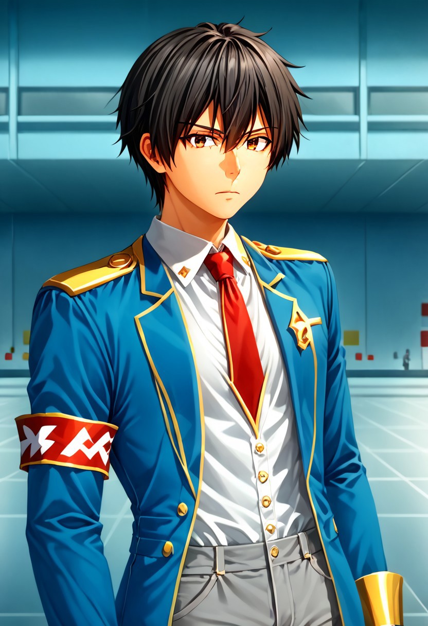 high resolution, solo, best quality, 1Boy, Seiya Kanie, Black Hair, Short Hair, Thin, Brown Eyes, a white dress shirt under a dark blue jacket with golden accents, gold aiguillettes worn on the right shoulder, a red tie, gray pants, and a red armband on it around his left arm, manager, theme park,