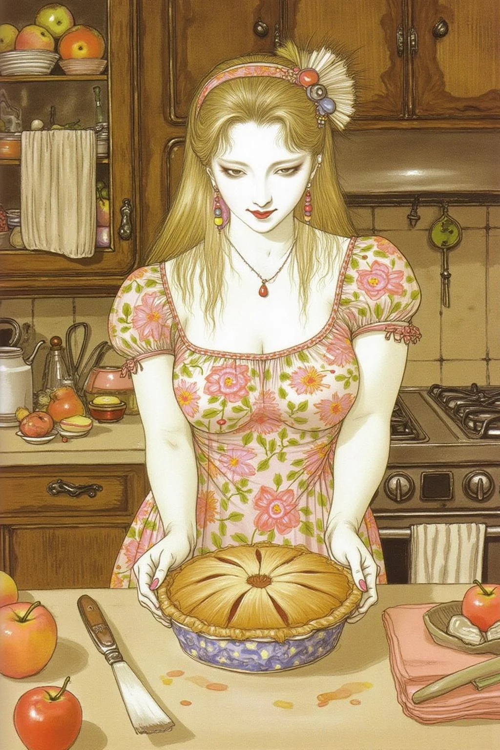 amayo illustration.
A blonde woman wearing floral dress, baking apple pie in a rustic kitchen <lora:amayo1_cap_d6a3e11:1.0><lora:827339945648827813:0>