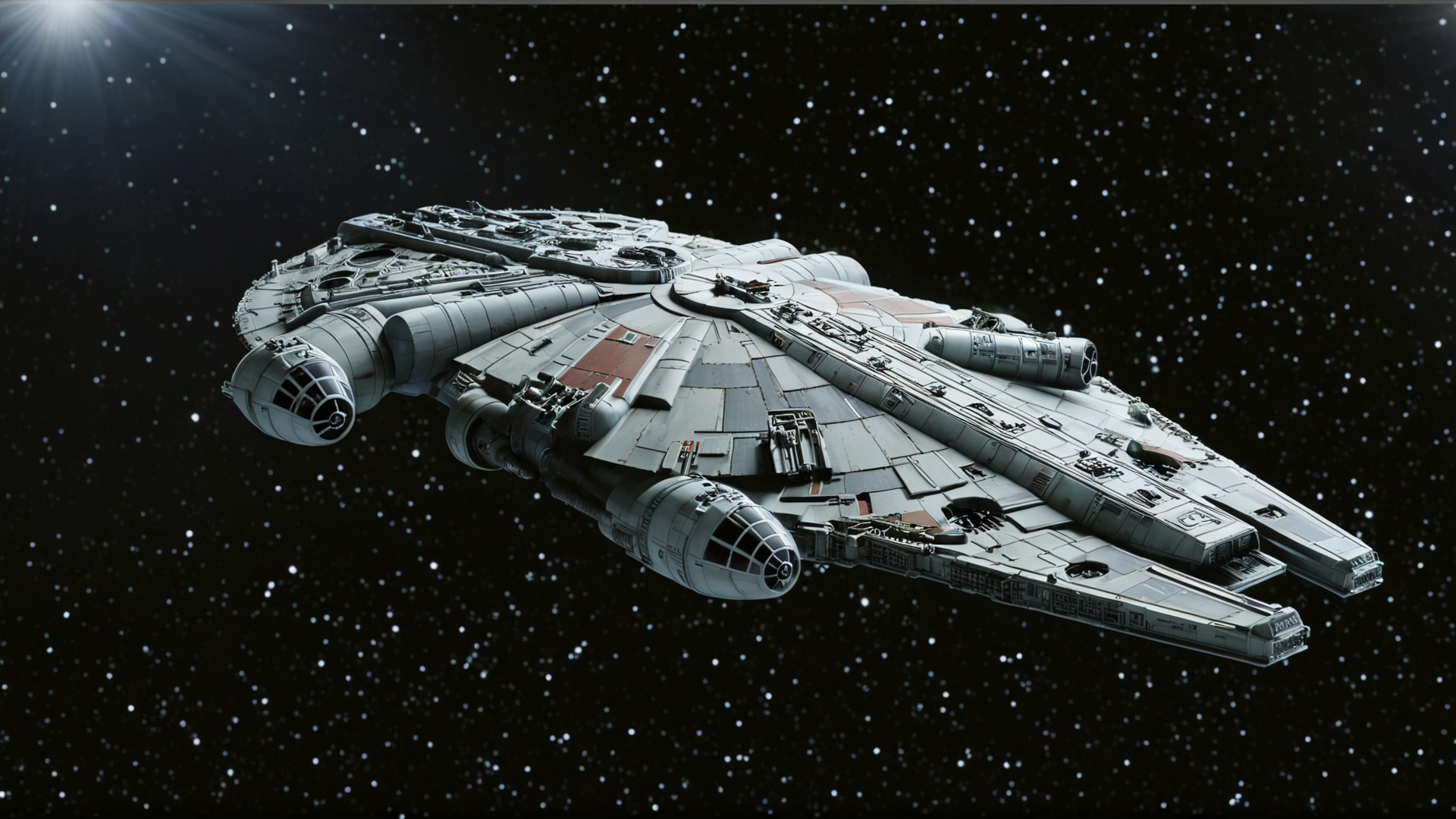 cinematic film still of  <lora:star wars style v2:0.2>
<lora:detailed:0.2> 
<lora:perfection style:0.2>
<lora:Ron Fricke style:0.1>
 <lora:Millennium Falcon:0.8>
Millennium Falcon (YT-1300 light freighter) a model of a millennium fighter is shown from front,simple background,military,no humans,black background,machinery,science fiction,turret,vehicle focus,spacecraft,concept art , star wars style, shallow depth of field, vignette, highly detailed, high budget, bokeh, cinemascope, moody, epic, gorgeous, film grain, grainy