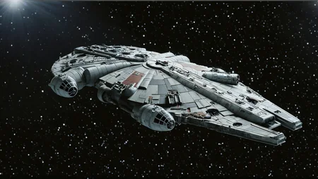 cinematic film still of <lora:star wars style v2:0.2>
<lora:detailed:0.2>
<lora:perfection style:0.2>
<lora:Ron Fricke style:0.1>
<lora:Millennium Falcon:0.8>
Millennium Falcon (YT-1300 light freighter) a model of a millennium fighter is shown from front,simple background,military,no humans,black background,machinery,science fiction,turret,vehicle focus,spacecraft,concept art , star wars style, shallow depth of field, vignette, highly detailed, high budget, bokeh, cinemascope, moody, epic, gorgeous, film grain, grainy