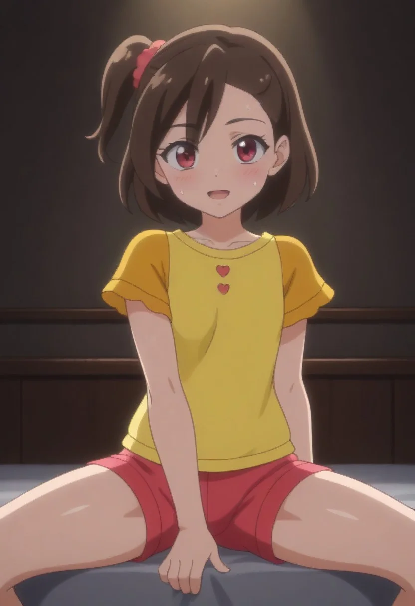 (indoor, bedroom, on the bed, on the sheets, dim lighting, dark room:1.7),
8k, super high vision:, intricate details, Super high quality, Super high resolution, masterpiece, full color, (anime art, anime screencap:1.5),
super cute girl, super cute face,
narrow waist, top heavy, tiny hips, small hips, skinny, tiny hips, hips, thigh, thighs,
(sweat, shiny oiled skin, oilskin:1.7),
(sexually suggestive, sexually excited state, naughty face, open mouth, breathe hard, sigh, long breath, blush, bitch:1.5),
(looking at you sexually, heterosexual, passionate gaze, seductive smile, come hither, invite, entice:1.5),
(legs spread, open legs, spread legs, sitting:1.7),
(yellow shirt, red shorts, panty line:1.5),
(beautiful breasts, breast, flat chest:1.5),
(sakurahamori, brown hair, side tail, Scrunchie, red eyes, 1girl, short girl, petite girl, cowboy shot:1.7),
