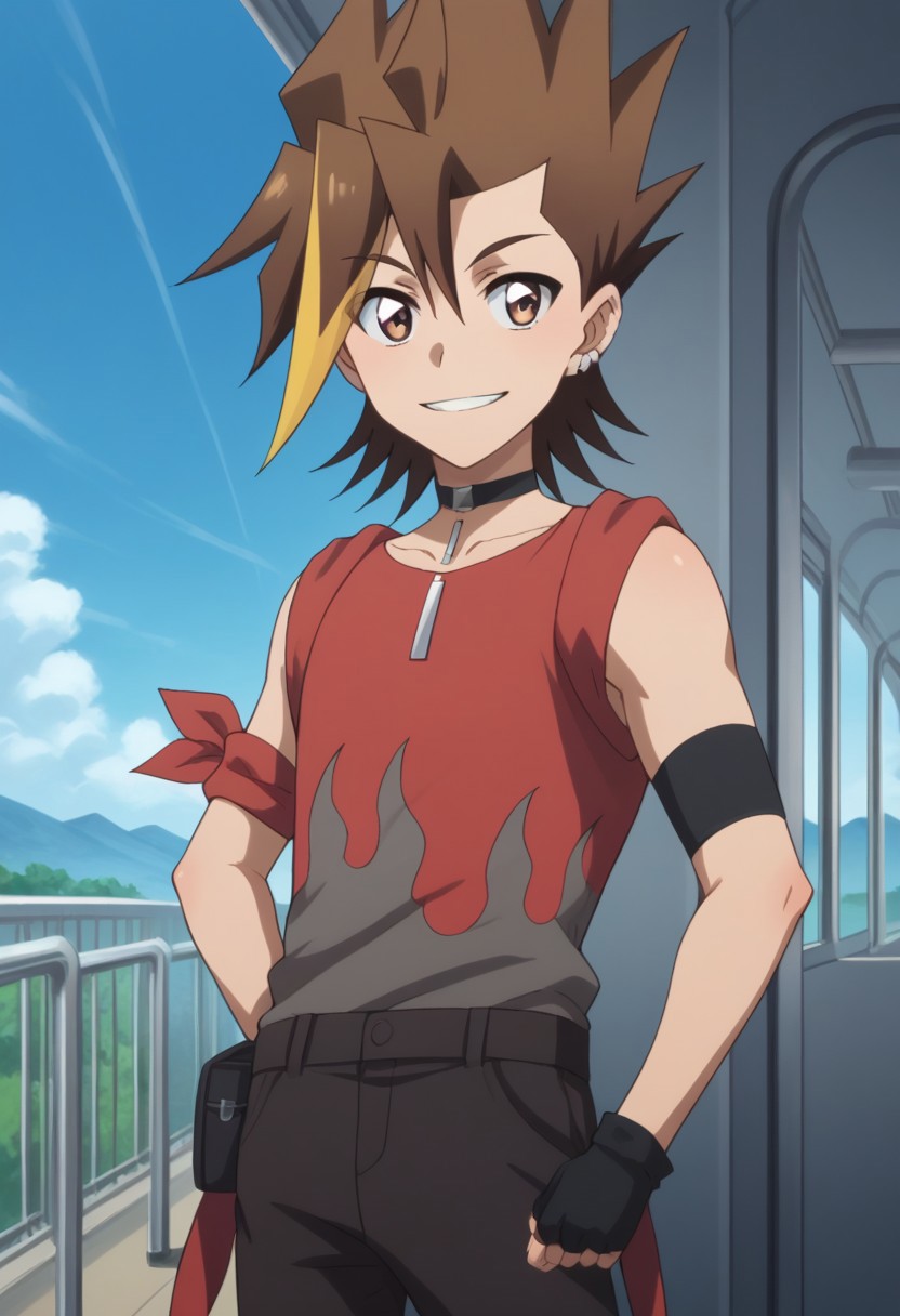score_9, score_8_up, score_7_up, source_anime, highly detailed, 
hanabi, 
1boy male focus gloves, solo, brown hair, multicolored hair, fingerless gloves,
black gloves, smile, pants, spiked hair, choker, blonde hair, shirt, armband, upper body, jewelry, red shirt, standing, earrings, bangs, sleeveless, black pants, looking at viewer,
outdoor, sky, blue sky, train, shinkansen